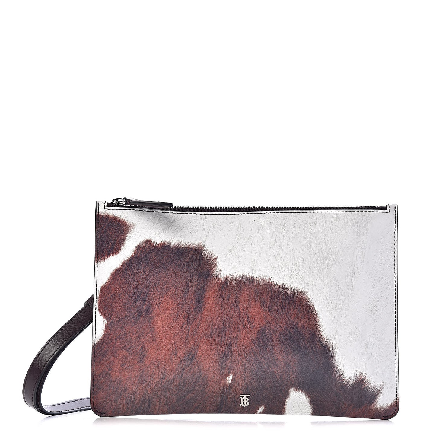 Calfskin Cow Print TB Zip Pouch Mahogany