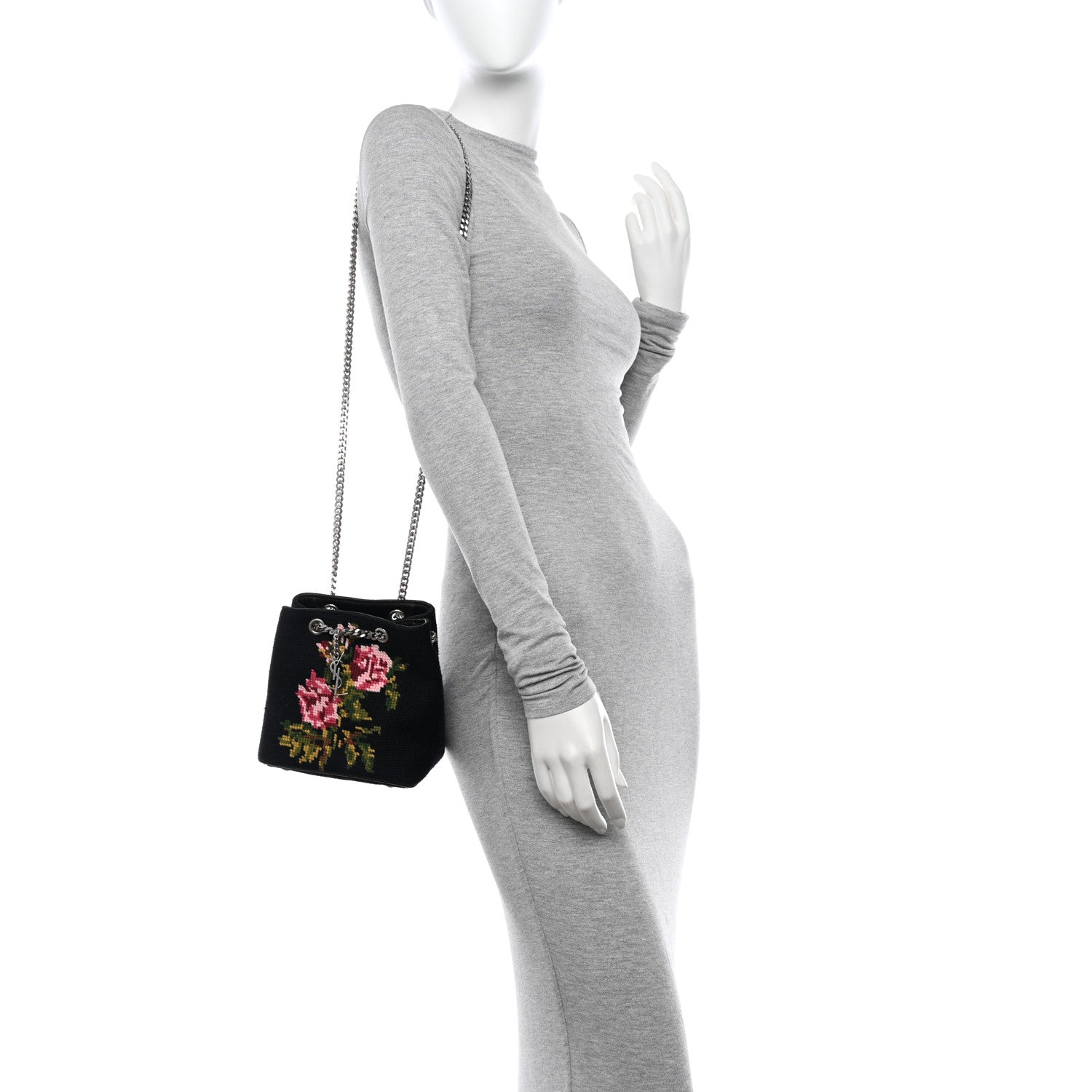 Saint Laurent Woven Wool Embroidered Baby Emmanuelle Bucket Bag Black 2 of 9