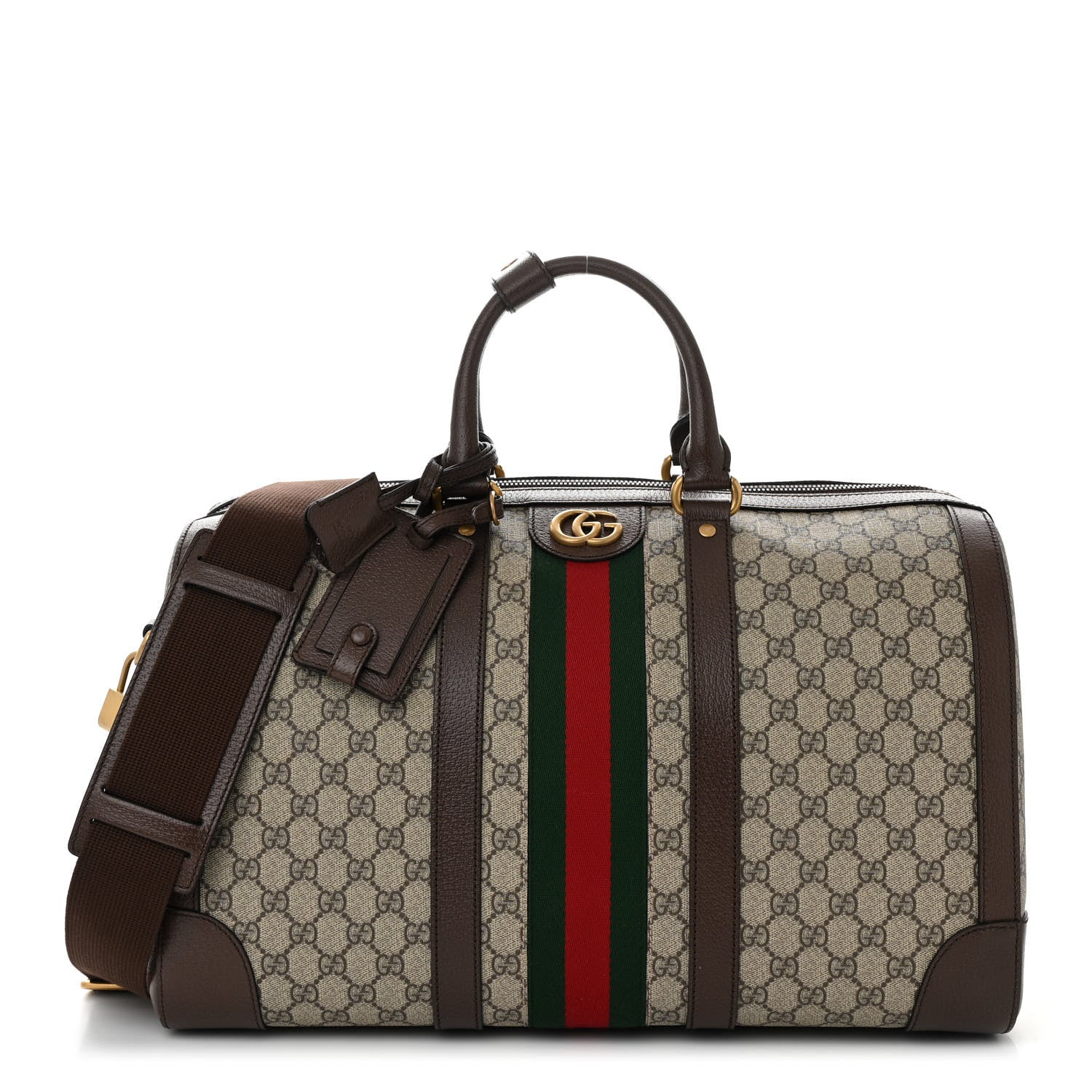 Gucci GG Supreme Monogram Textured Dollar Calfskin Web Medium Savoy Duffle Bag Beige Ebony New Acero 1 of 9