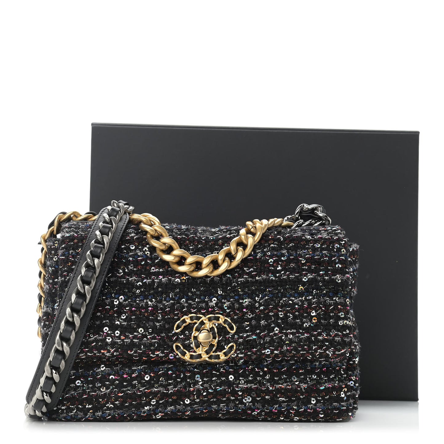 Tweed Sequin Quilted Medium Chanel 19 Flap Black Multicolor