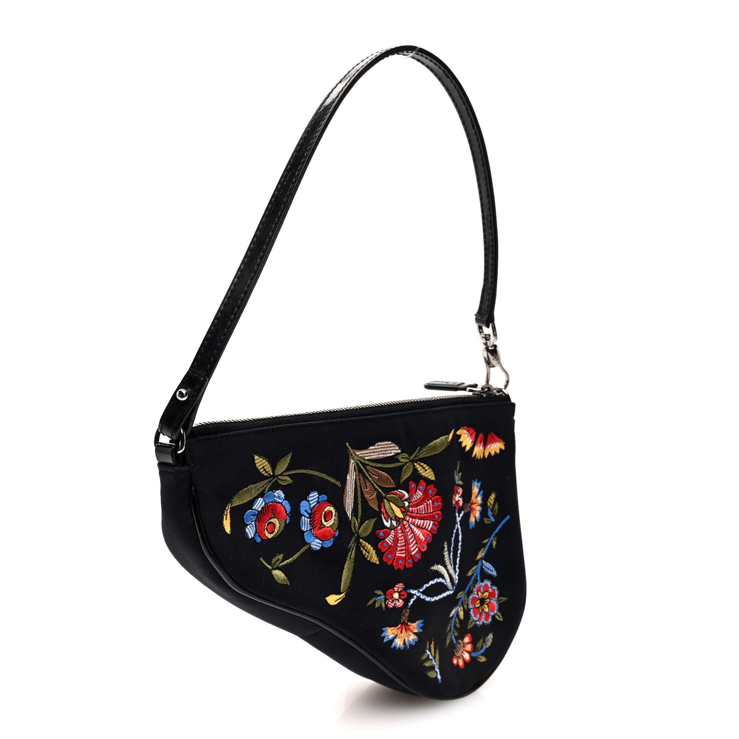 Satin Embroidered Floral Mini Saddle Pochette Bag Black