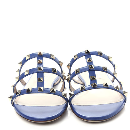 Valentino Garavani Calfskin Rockstud Caged Flat Slide Sandals 36 Blu Delft 5 of 11