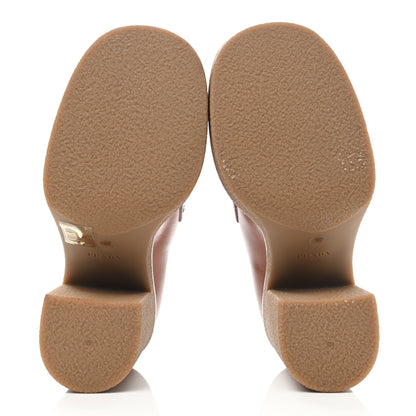 Prada Calfskin Metal Triangle Logo Flow Heeled Loafers 36 Caramel 9 of 18