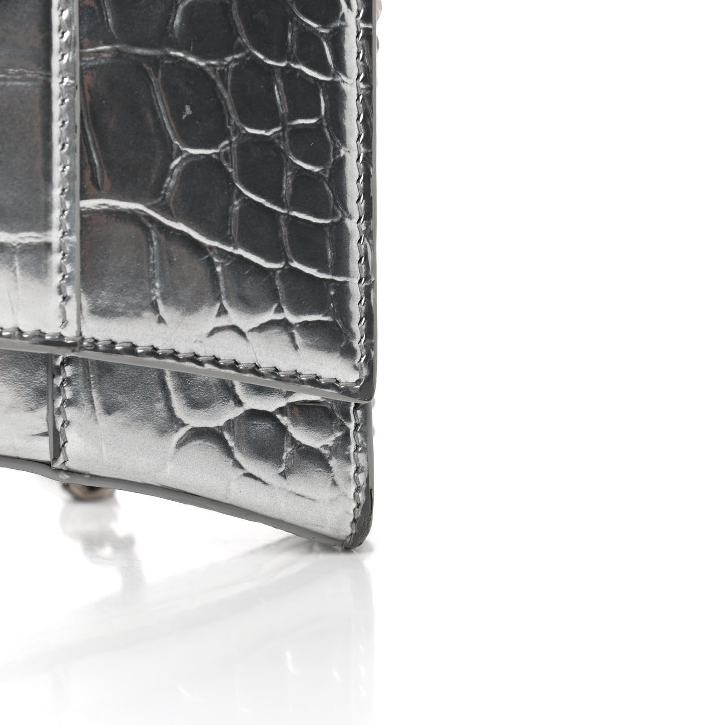 Metallic Calfskin Crocodile Embossed Hourglass Chain Bag Silver