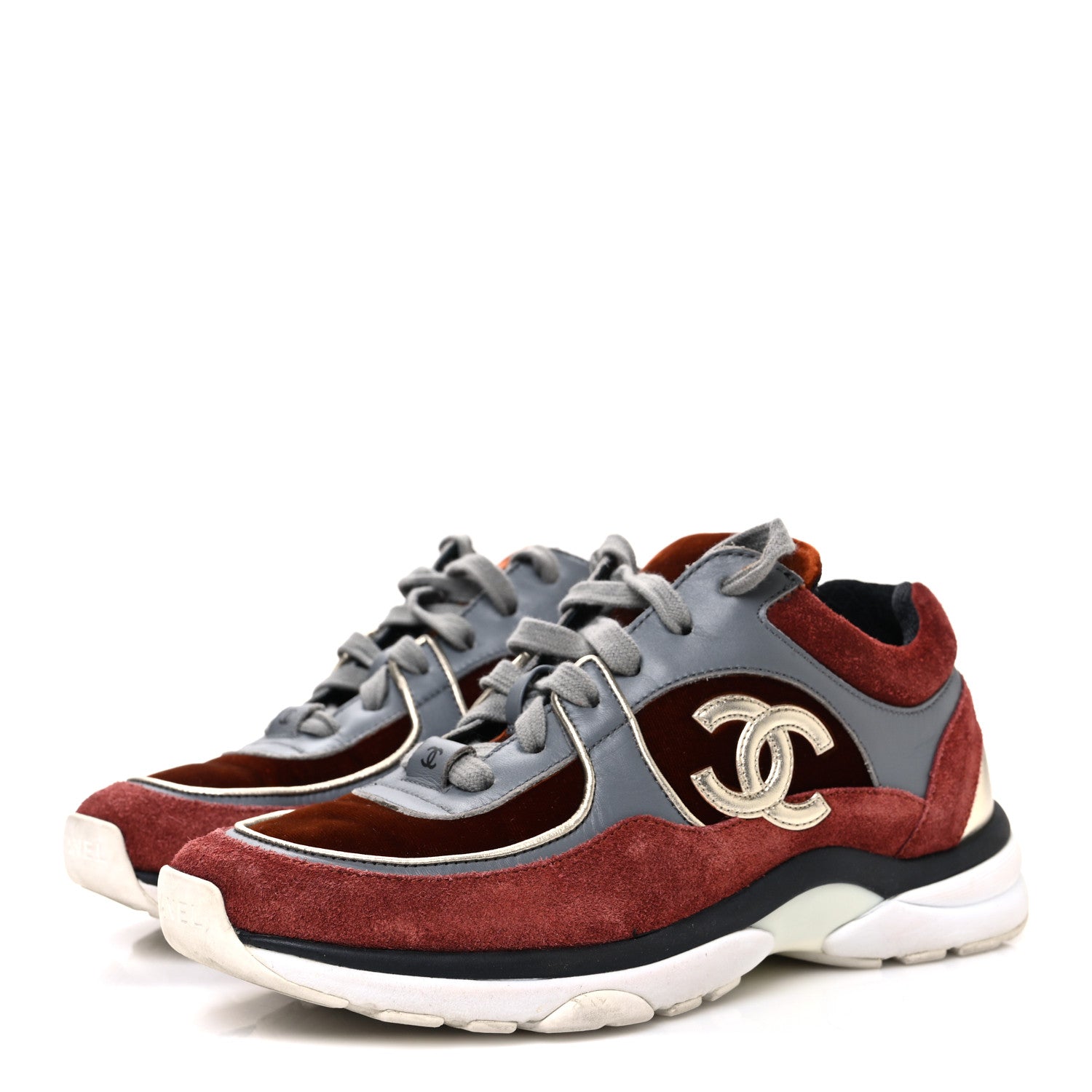 Chanel Suede Velvet Lambskin CC Sneakers 36 Burgundy Grey 4 of 9