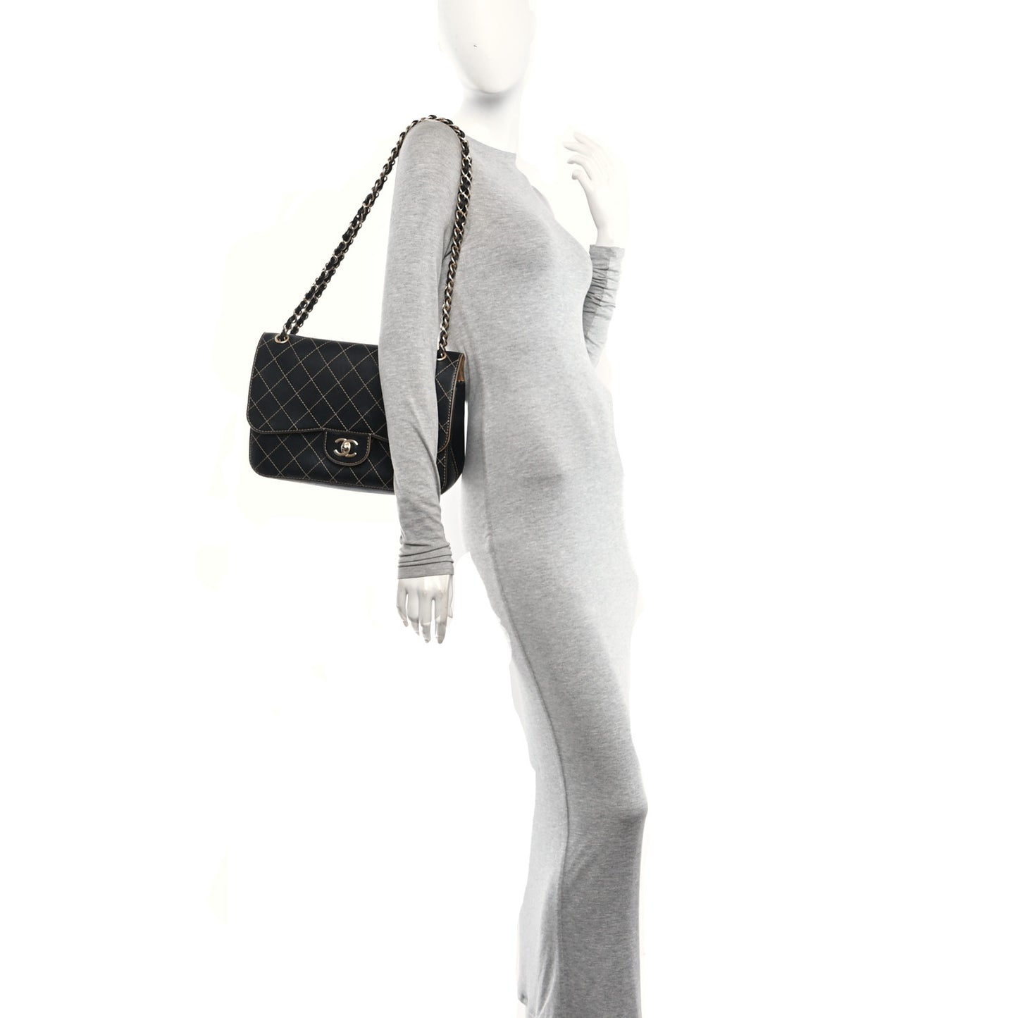 Calfskin Stitched Jumbo Double Flap Black