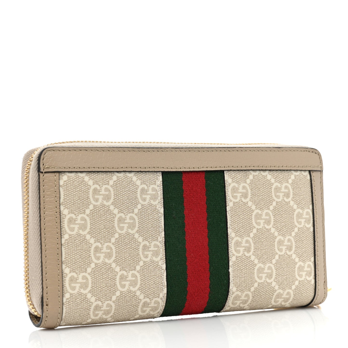 GG Supreme Monogram Textured Dollar Calfskin Web Ophidia Zip Around Wallet Beige Mystic White Oatmeal