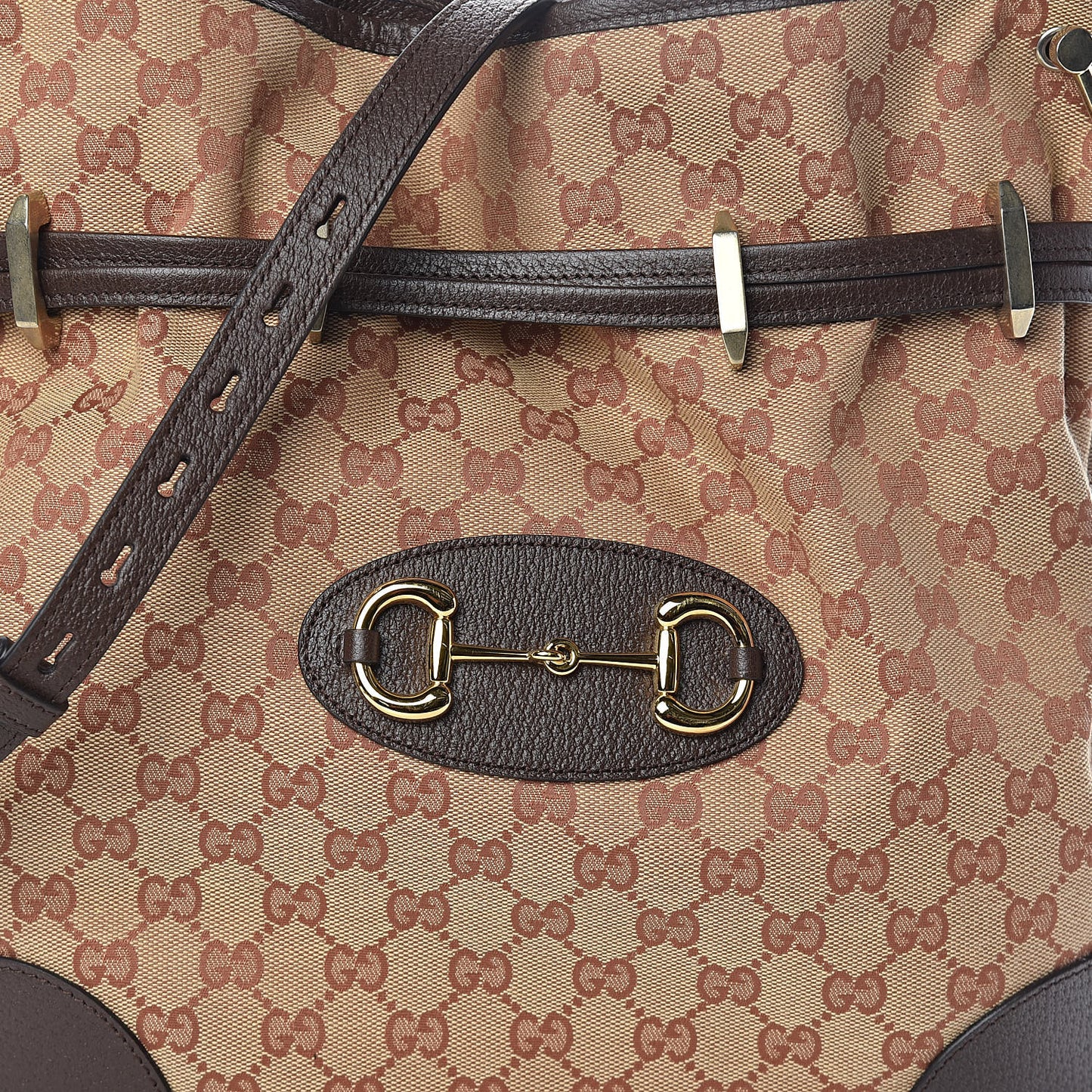 Monogram Textured Dollar Calfskin Horsebit 1955 Cinch Top Messenger Bag Beige Ebony Cocoa