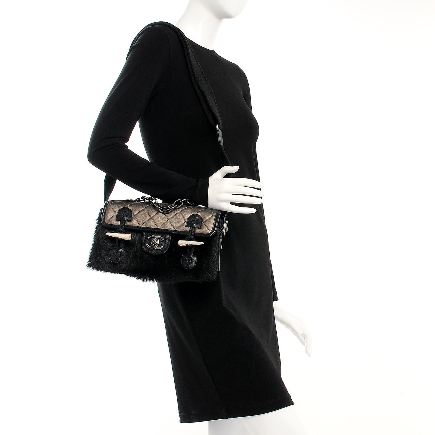 Metallic Goatskin Fur Quilted Hunting Flap Silver Black