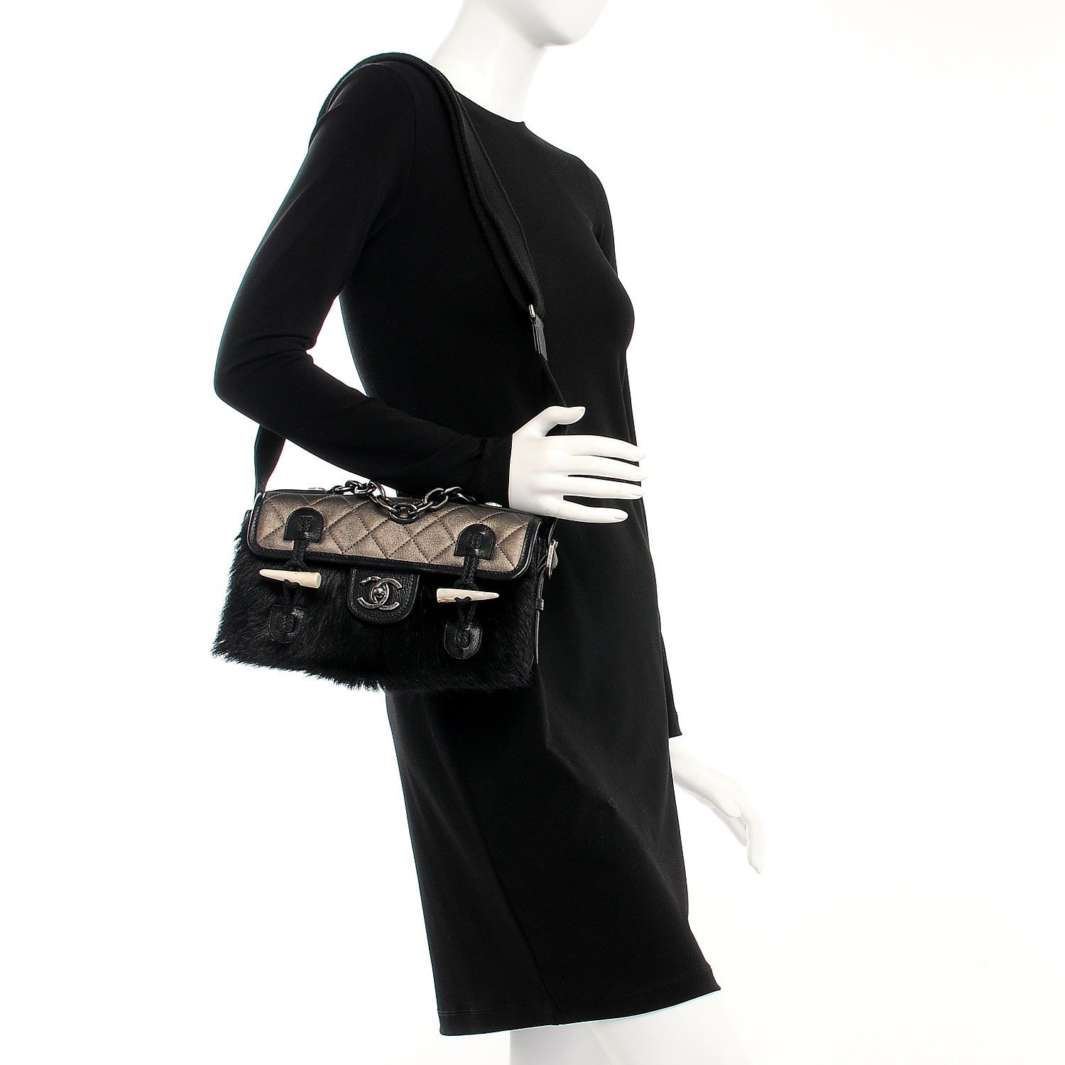 Chanel Metallic Goatskin Fur Quilted Hunting Flap Silver Black 2 of 10