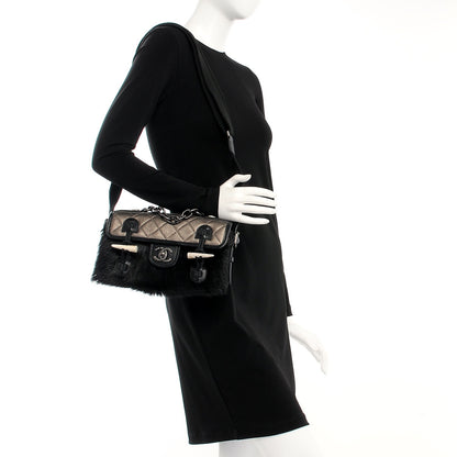 Chanel Metallic Goatskin Fur Quilted Hunting Flap Silver Black 2 of 10