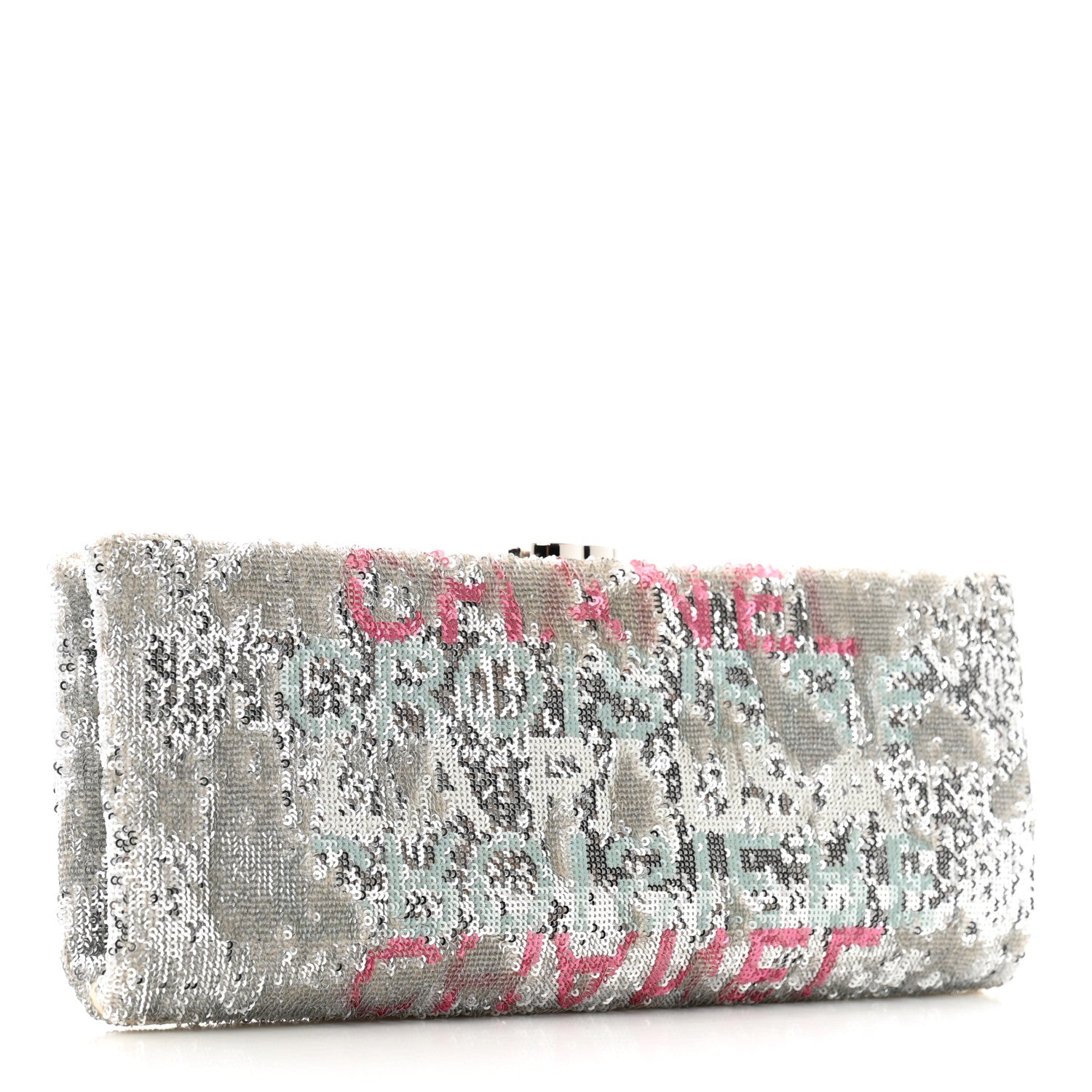 Chanel Sequin Satin Embroidered La Pausa Evening Clutch Silver Blue Pink 3 of 11