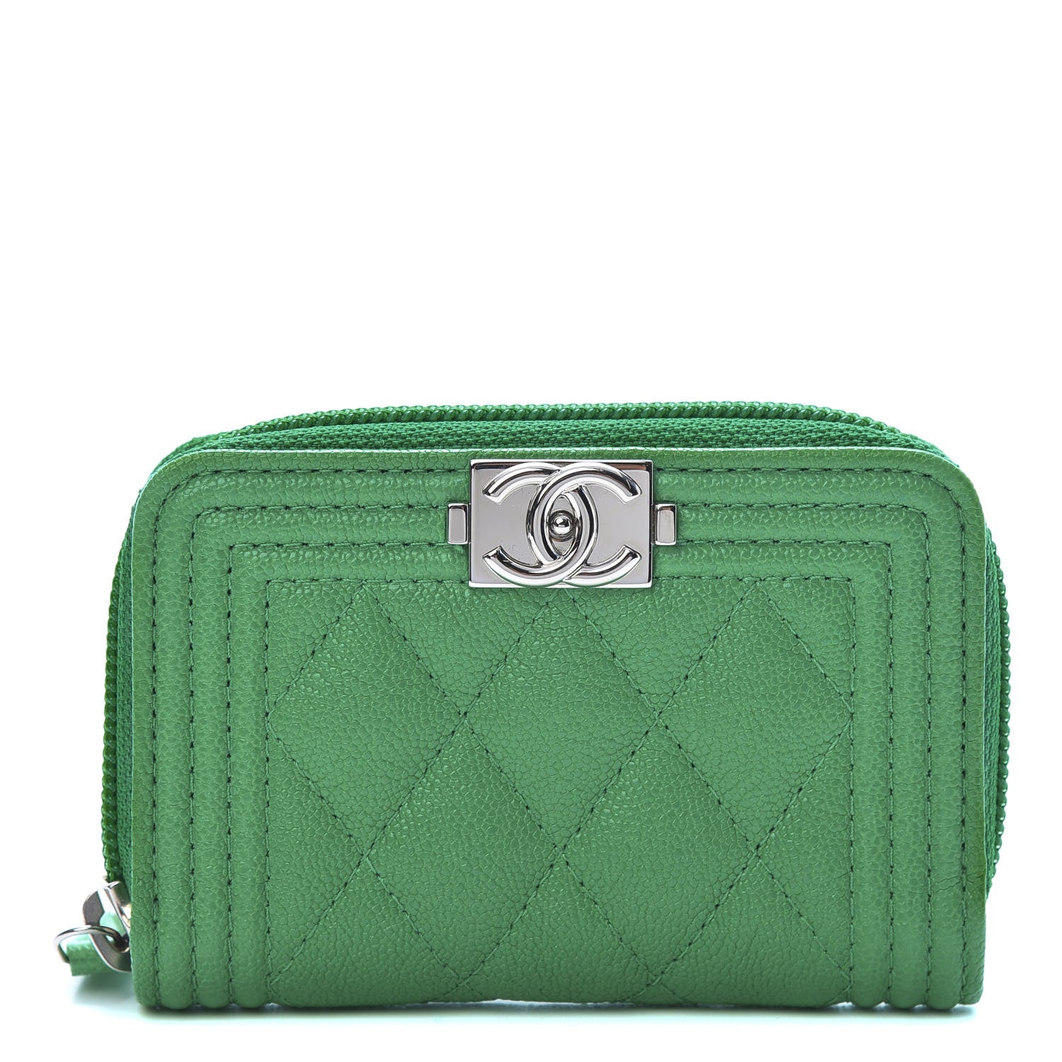 Chanel Caviar Quilted Boy Zip Around Coin Purse Wallet Green 1 of 8
