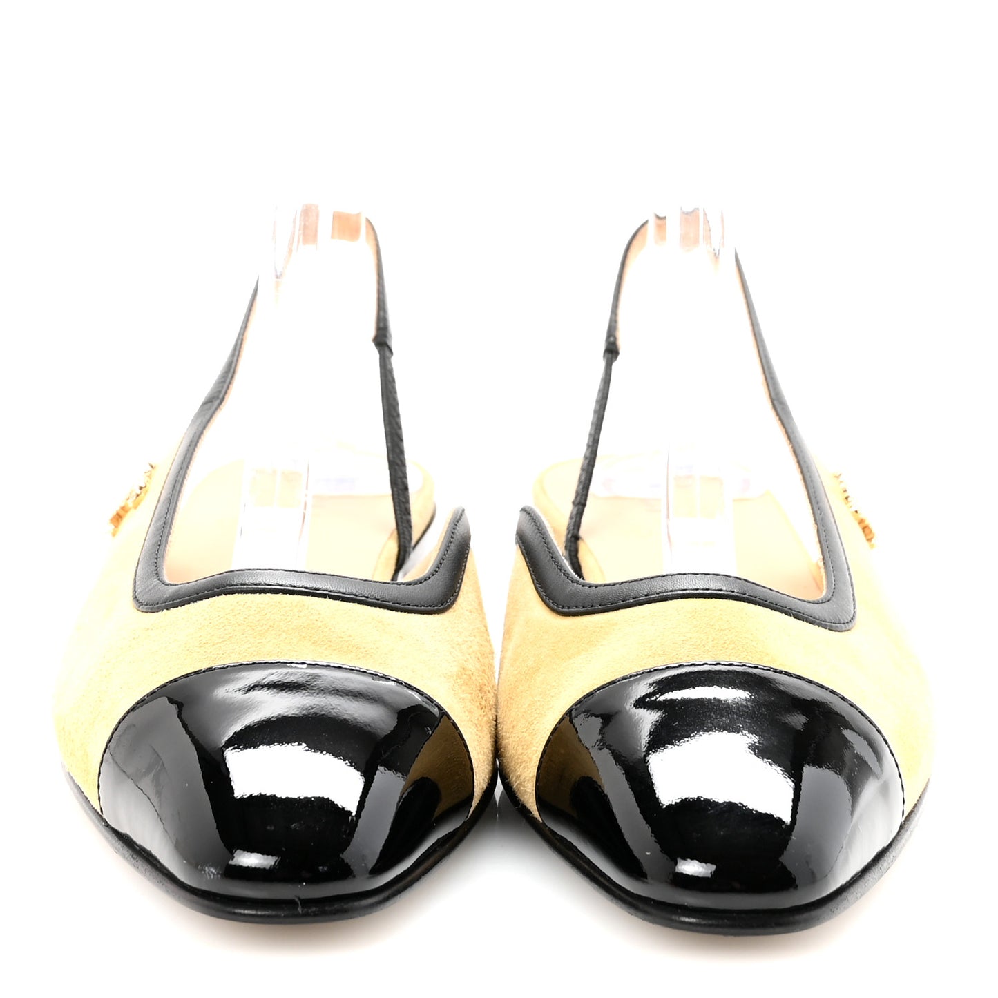 Suede Kidskin Lambskin Patent Calfskin Crystal CC Cap Toe Slingback Flats 37.5 Beige Black