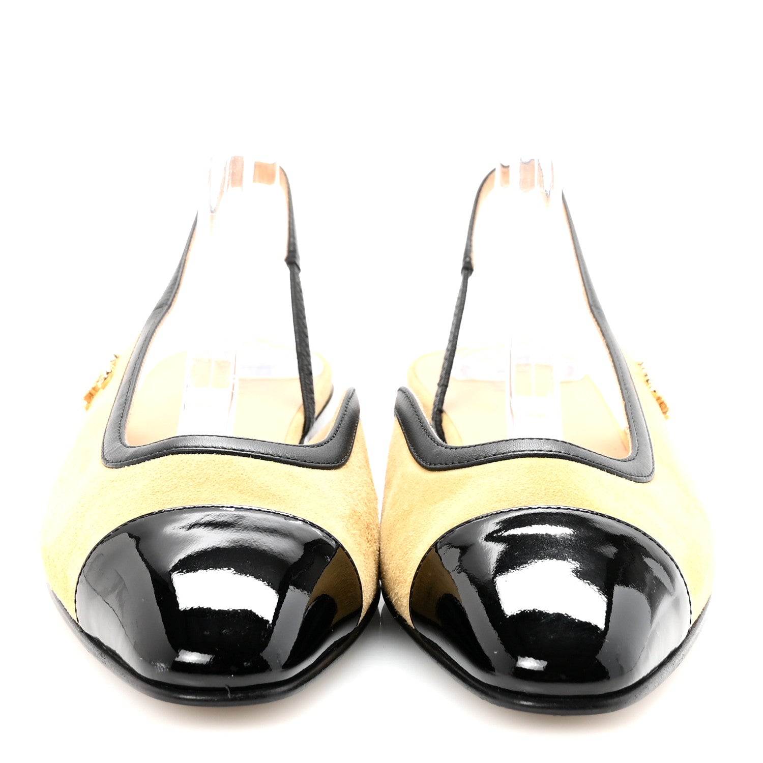 Chanel Suede Kidskin Lambskin Patent Calfskin Crystal CC Cap Toe Slingback Flats 37.5 Beige Black 3 of 9