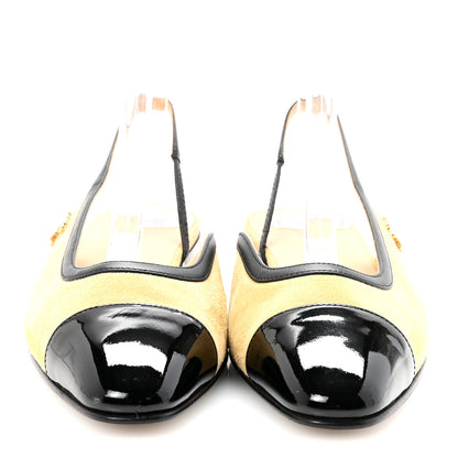 Chanel Suede Kidskin Lambskin Patent Calfskin Crystal CC Cap Toe Slingback Flats 37.5 Beige Black 3 of 9