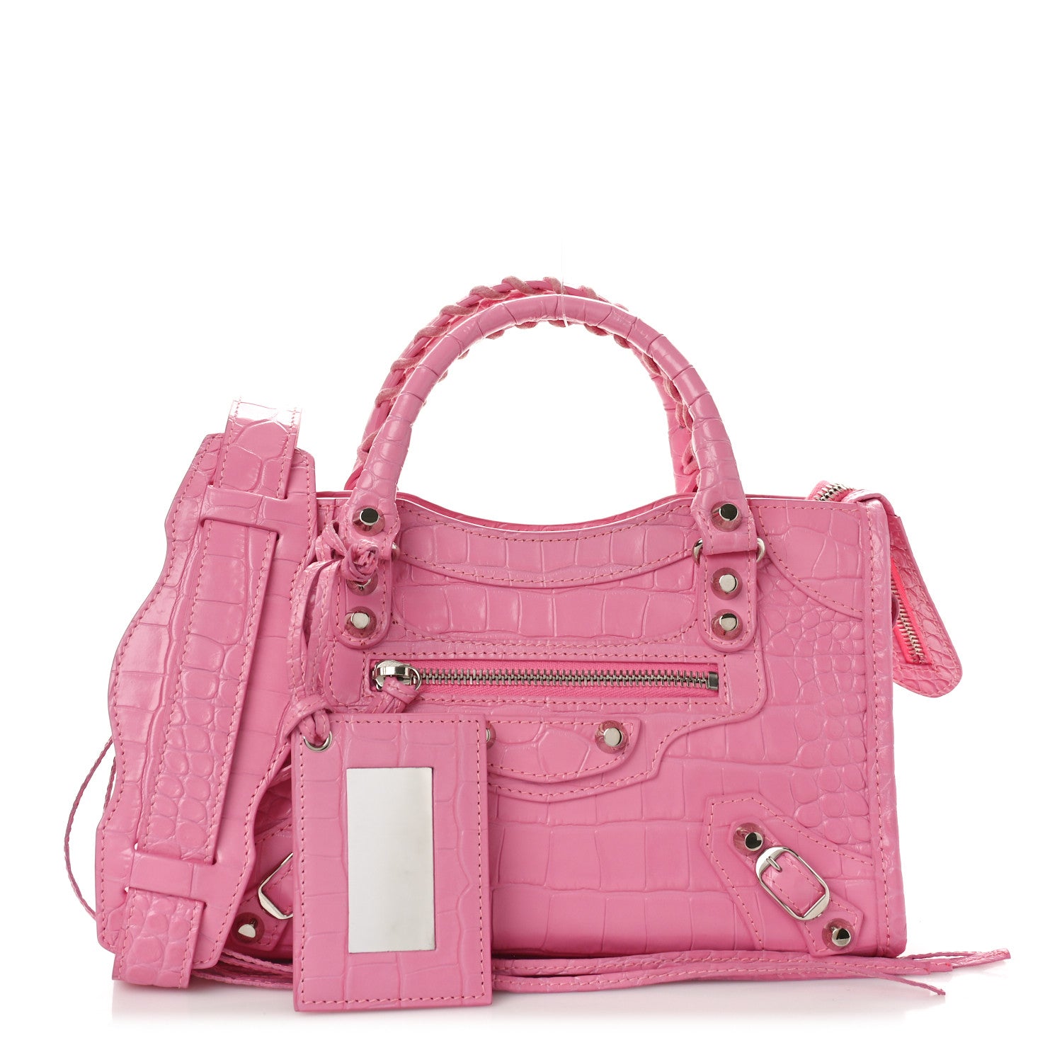 Balenciaga Shiny Supple Calfskin Crocodile Embossed Classic Silver Hardware Mini City Baby Pink 1 of 9