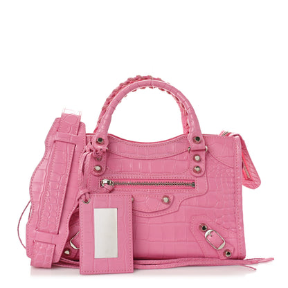 Balenciaga Shiny Supple Calfskin Crocodile Embossed Classic Silver Hardware Mini City Baby Pink 1 of 9