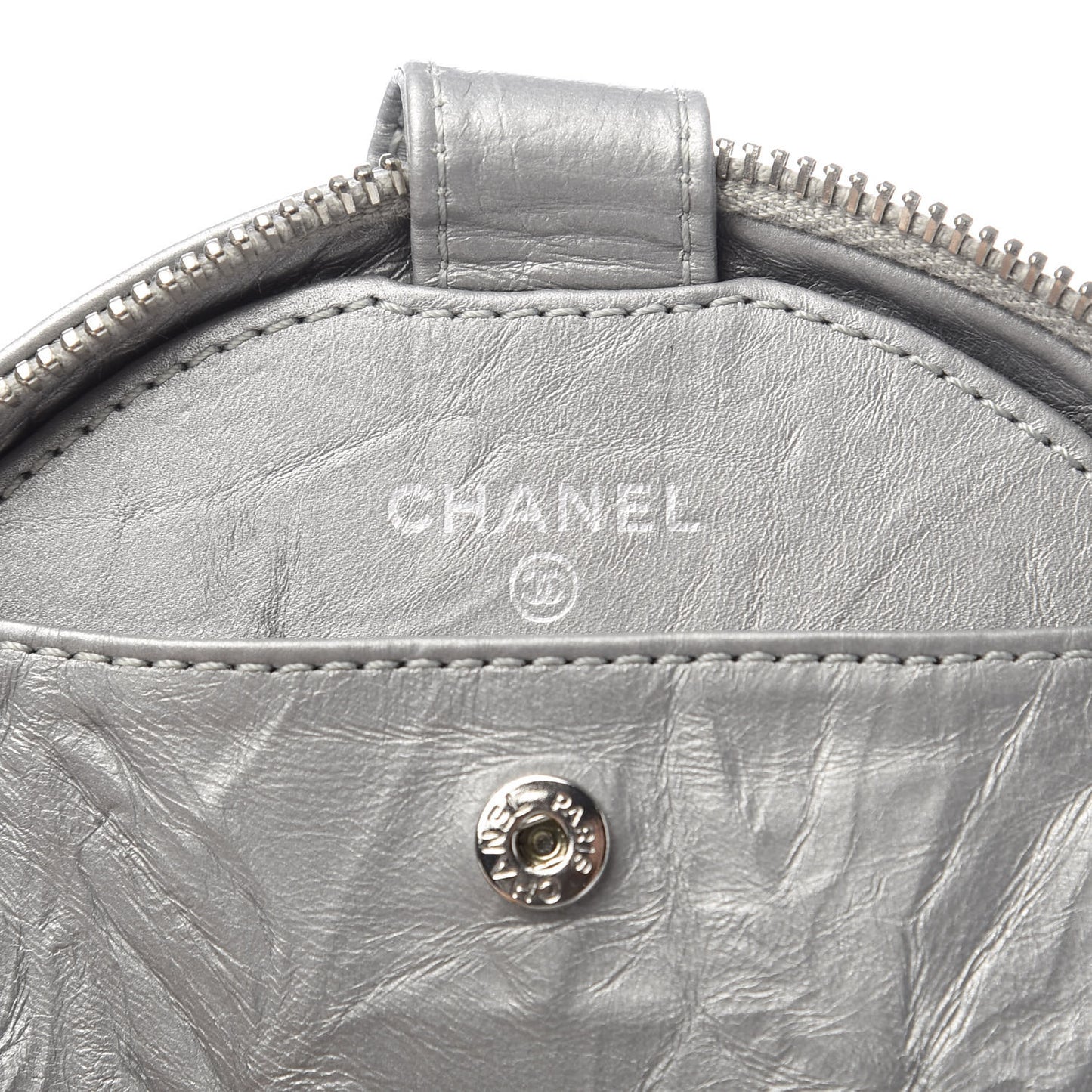 Metallic Aged Calfskin Quilted Round Bag Silver