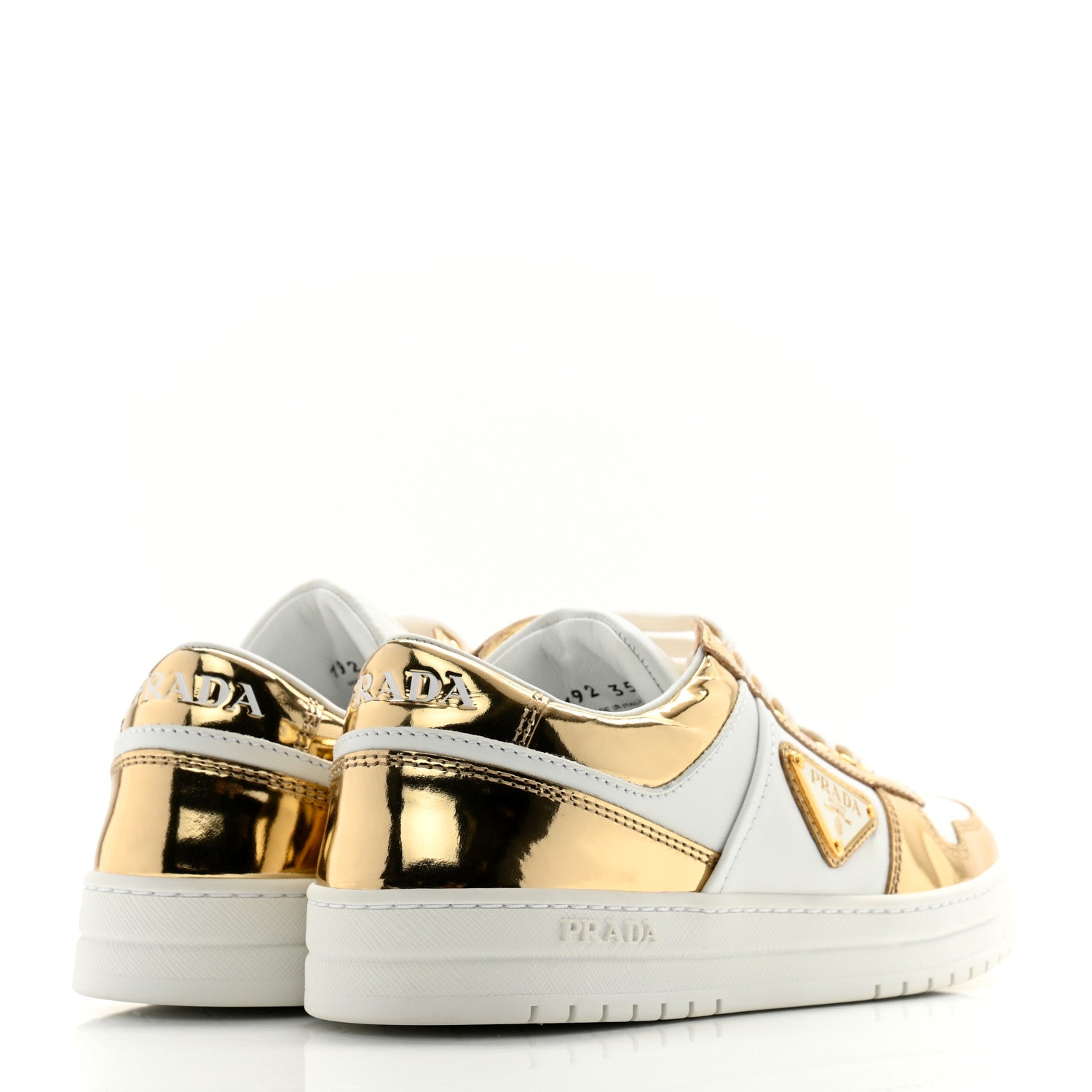 Prada Vitello Metallic Calfskin Metal Triangle Logo Womens Downtown Low Top 30mm Sneakers 35.5 White Platino 4 of 11