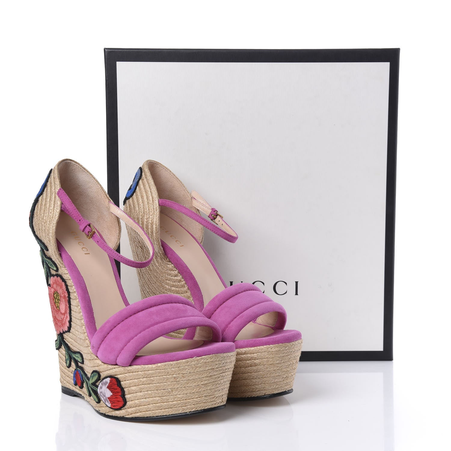 Gucci Kid Scamosciato Ophelia Espadrille Platform Wedge Sandals 37.5 Rododendro 10 of 10