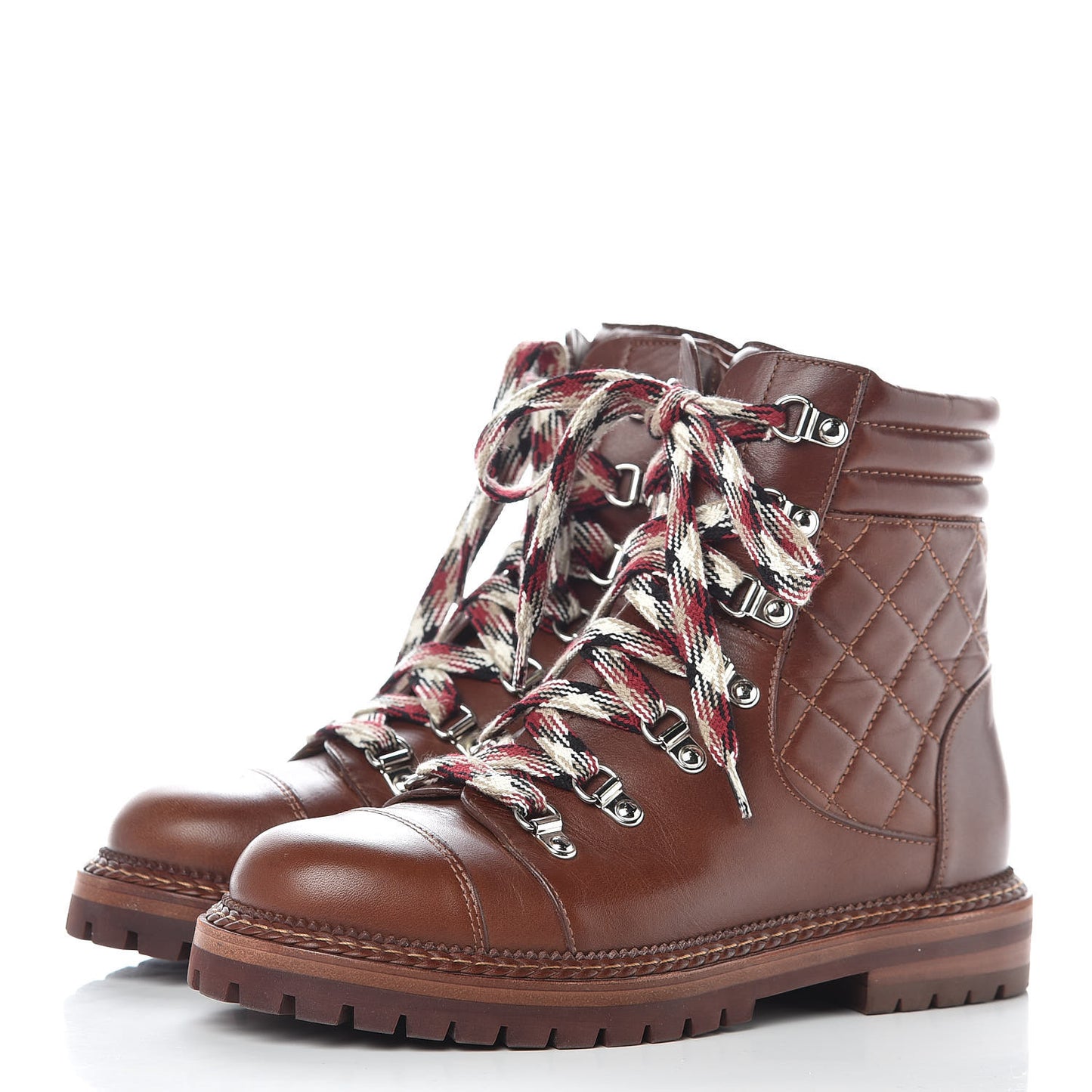 Lambskin Quilted Lace Up Boots 37.5 Brown