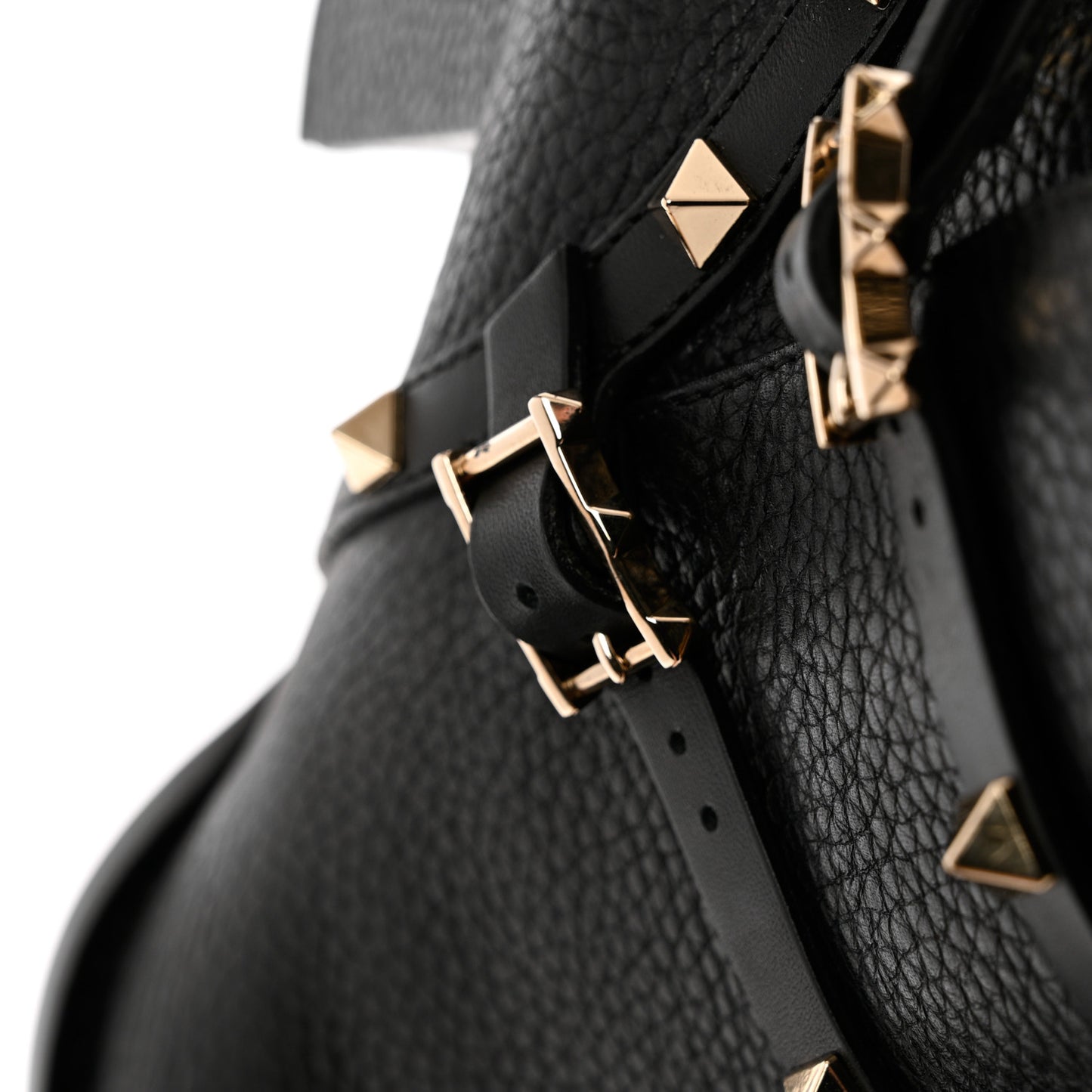 Pebbled Calfskin Rockstud Double Buckle 70mm Block Heel Ankle Boots 38.5 Black