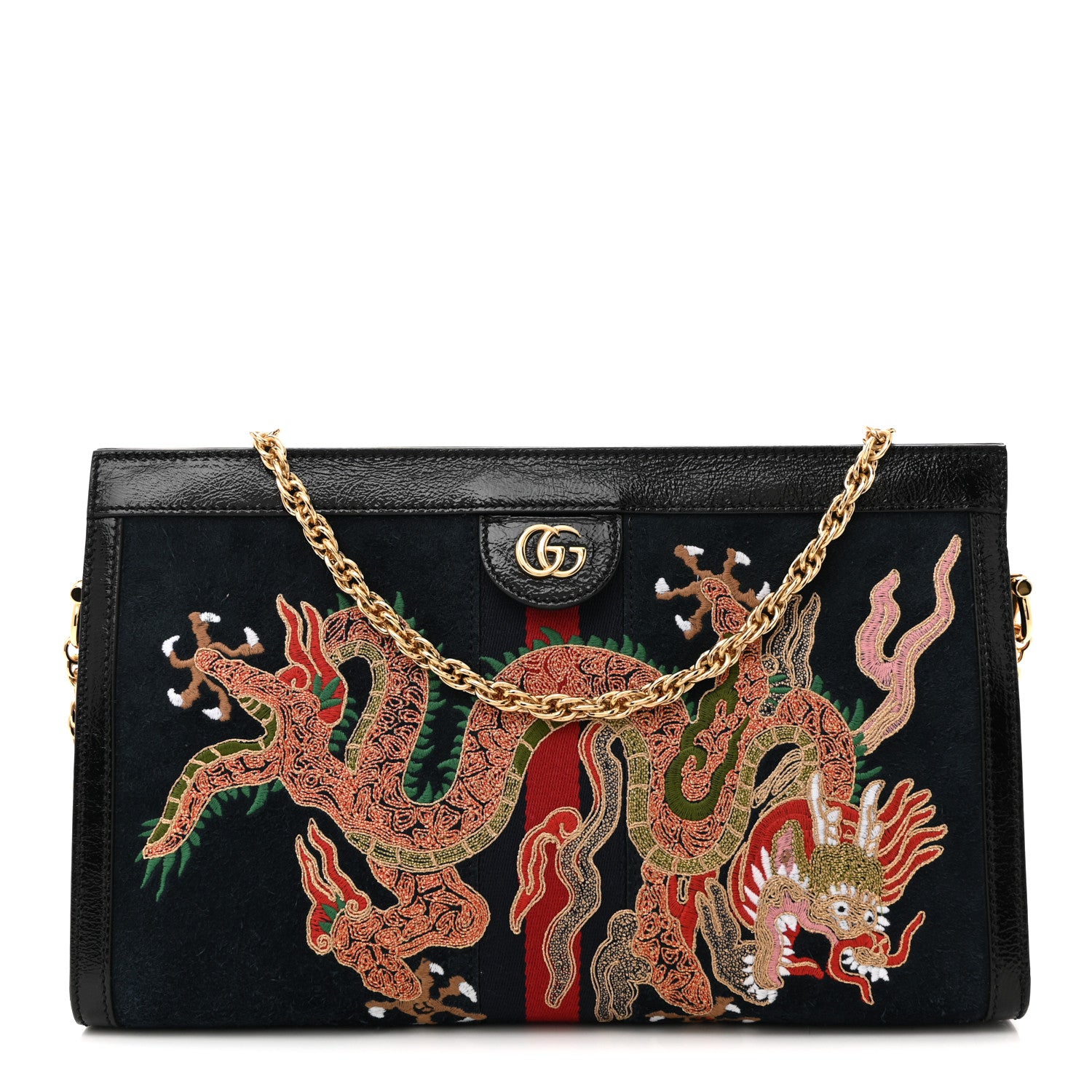 Gucci Suede Patent Web Dragon Embroidered Medium Ophidia Chain Shoulder Bag Blue Multicolor Black 2 of 21