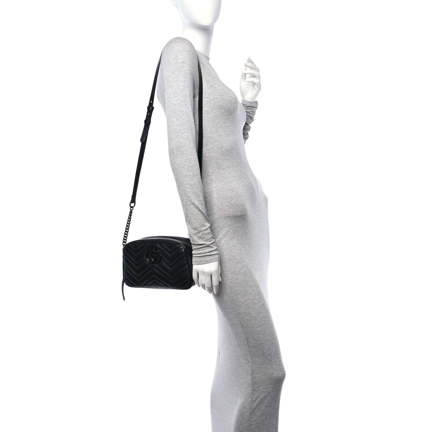 Gucci Calfskin Matelasse Monochrome Small GG Marmont Chain Shoulder Bag Black 2 of 10