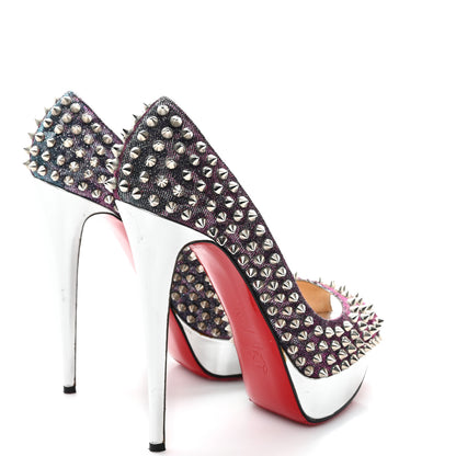 Christian Louboutin Lame Satin Lady Peep Spikes 150 Pumps 39 Turquoise Violet Silver 5 of 9