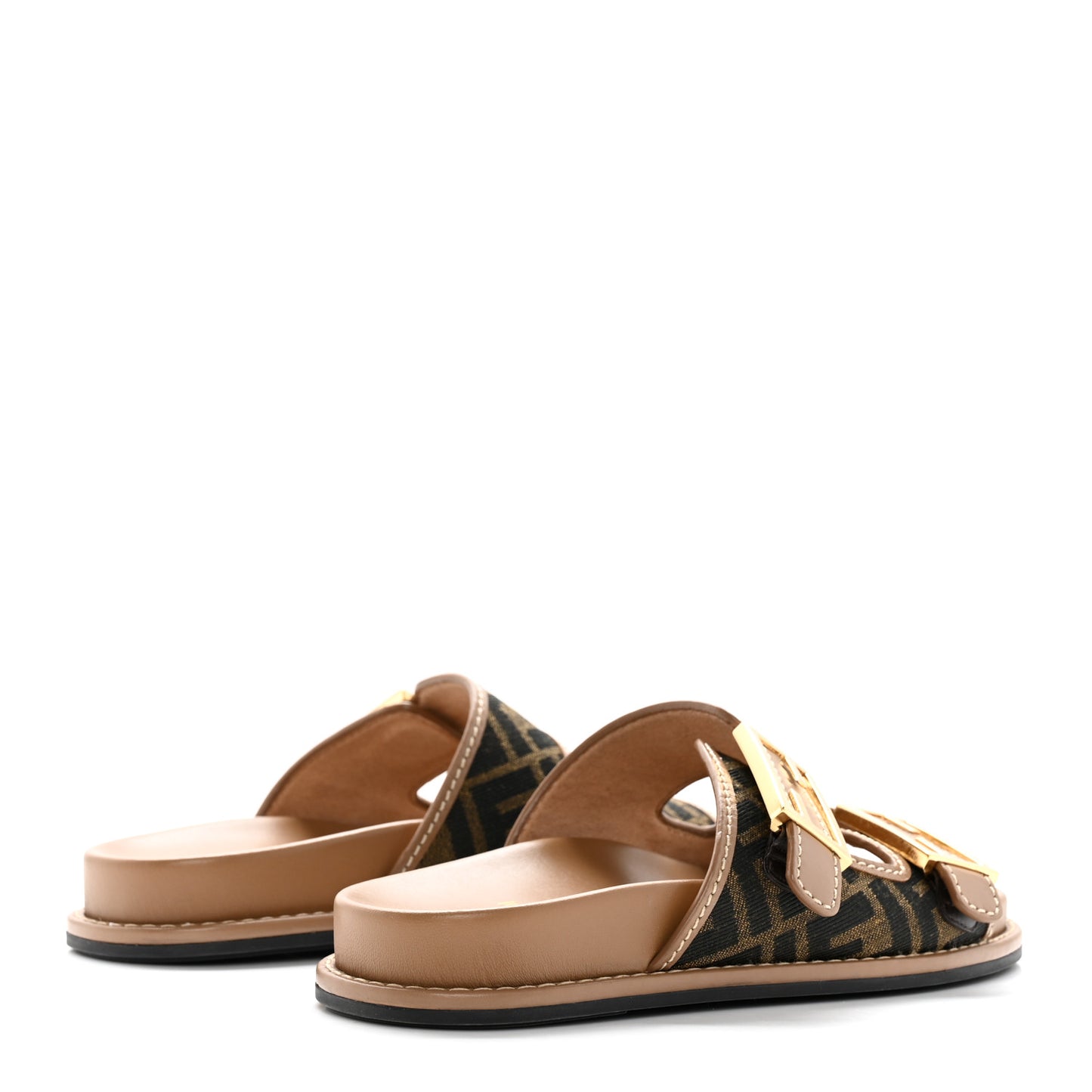 Fabric Jacquard Nappa FF Womens Fendi Feel Buckled Slide Sandals 37 Tobacco Black Miele Scuro