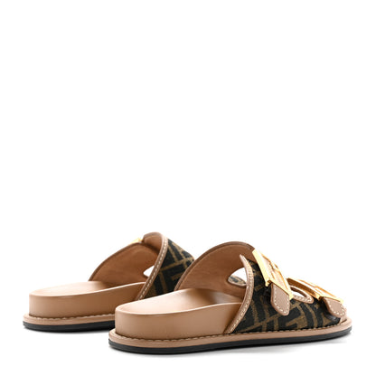 Fendi Fabric Jacquard Nappa FF Womens Fendi Feel Buckled Slide Sandals 37 Tobacco Black Miele Scuro 4 of 14