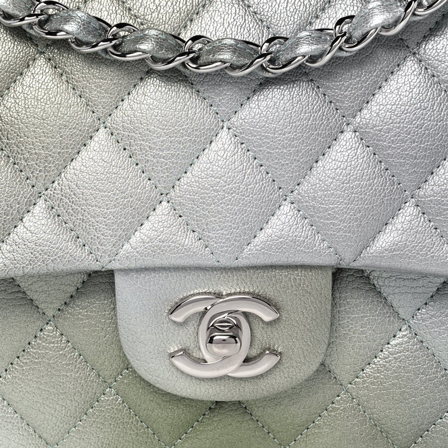 Metallic Goatskin Quilted Medium Double Flap Grey Green
