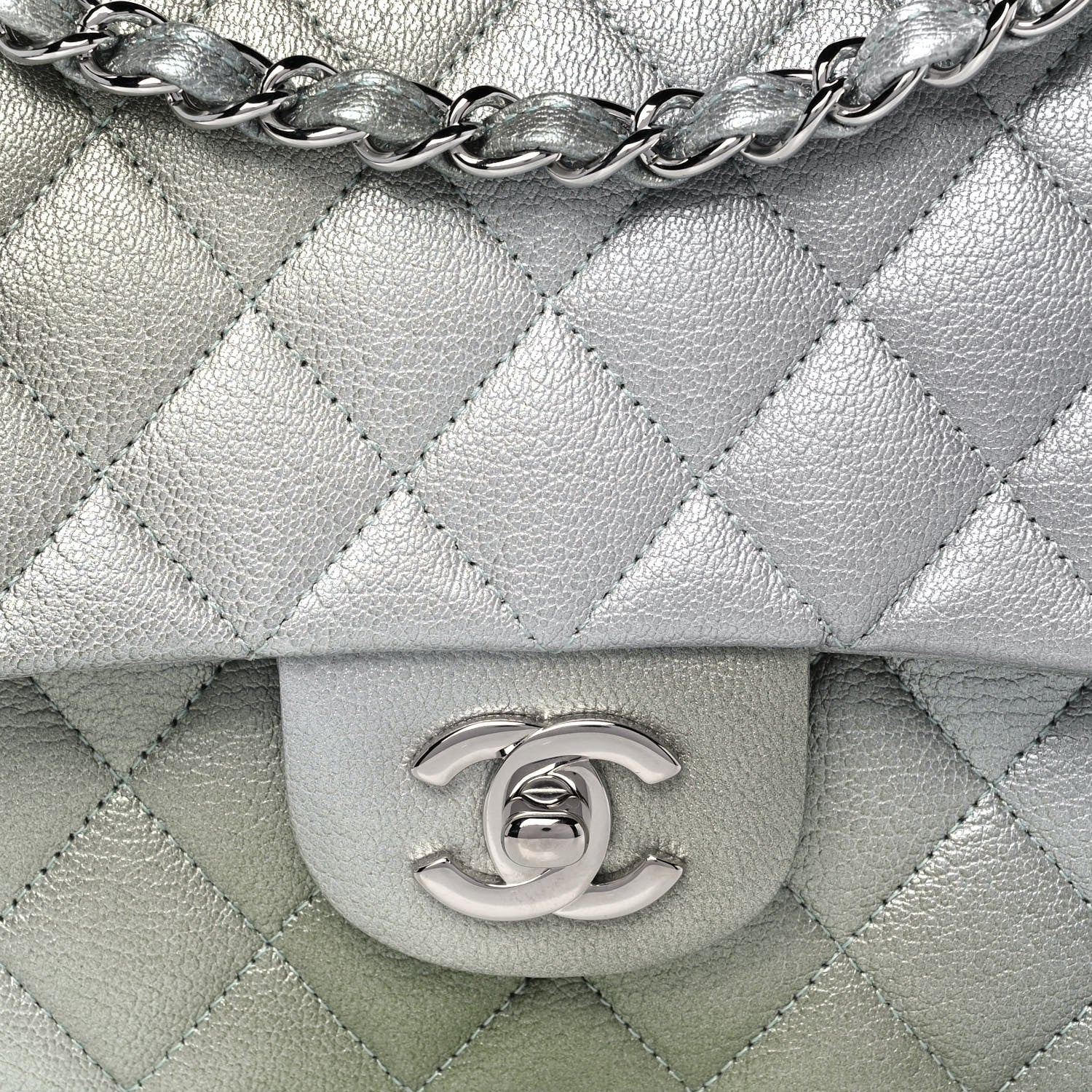 Chanel Metallic Goatskin Quilted Medium Double Flap Grey Green 8 of 10