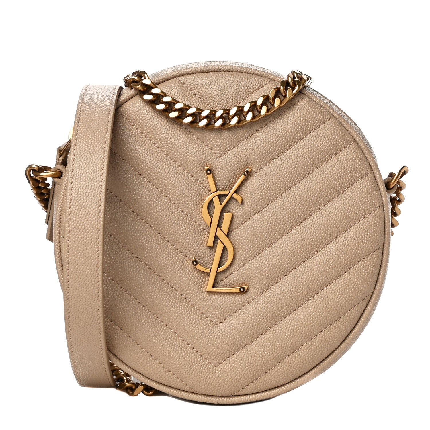 Saint Laurent Grain De Poudre Matelasse Chevron Quilted Round Vinyle Camera Bag Gold Sand 1 of 11