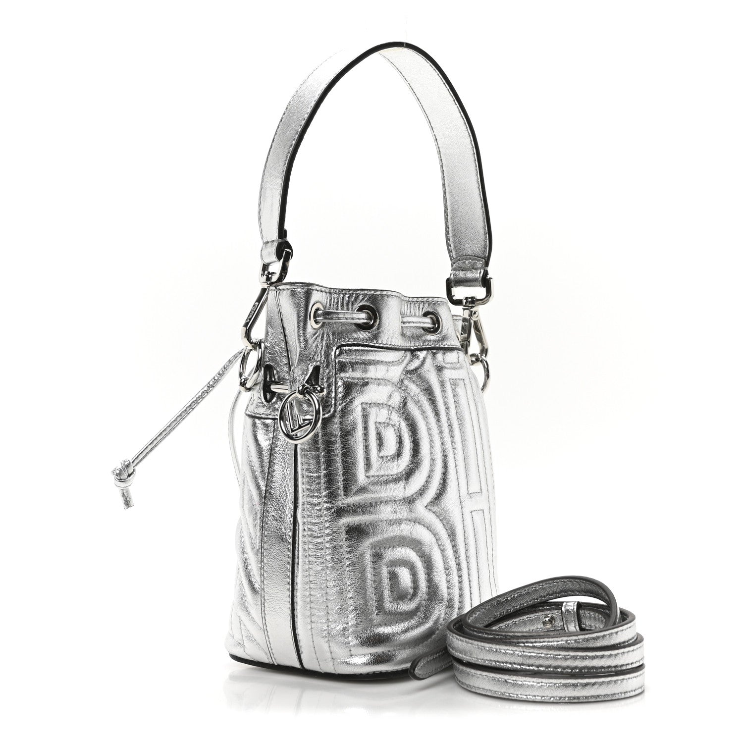 Fendi X MARC JACOBS Agnello Laminato Trapunta FF Mini Mon Tresor Bucket Bag Argento 3 of 10