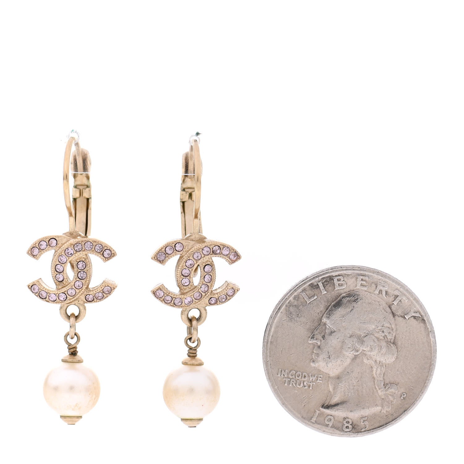 Chanel Crystal Pearl CC Drop Earrings Pink Gold 2 of 3