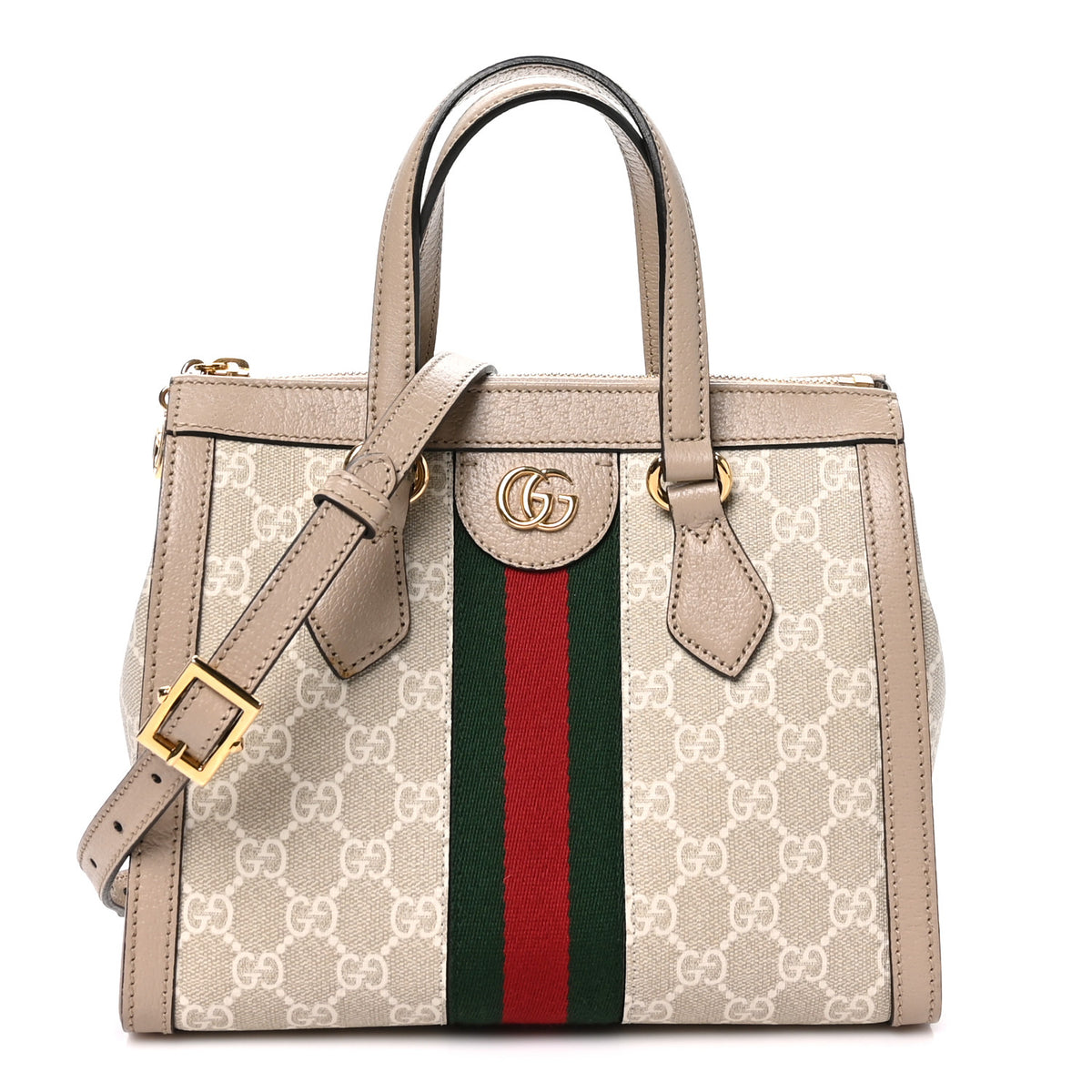 Gucci GG Supreme Monogram Textured Dollar Calfskin Web Small Ophidia Tote Bag Beige Mystic White Oatmeal 1 of 10