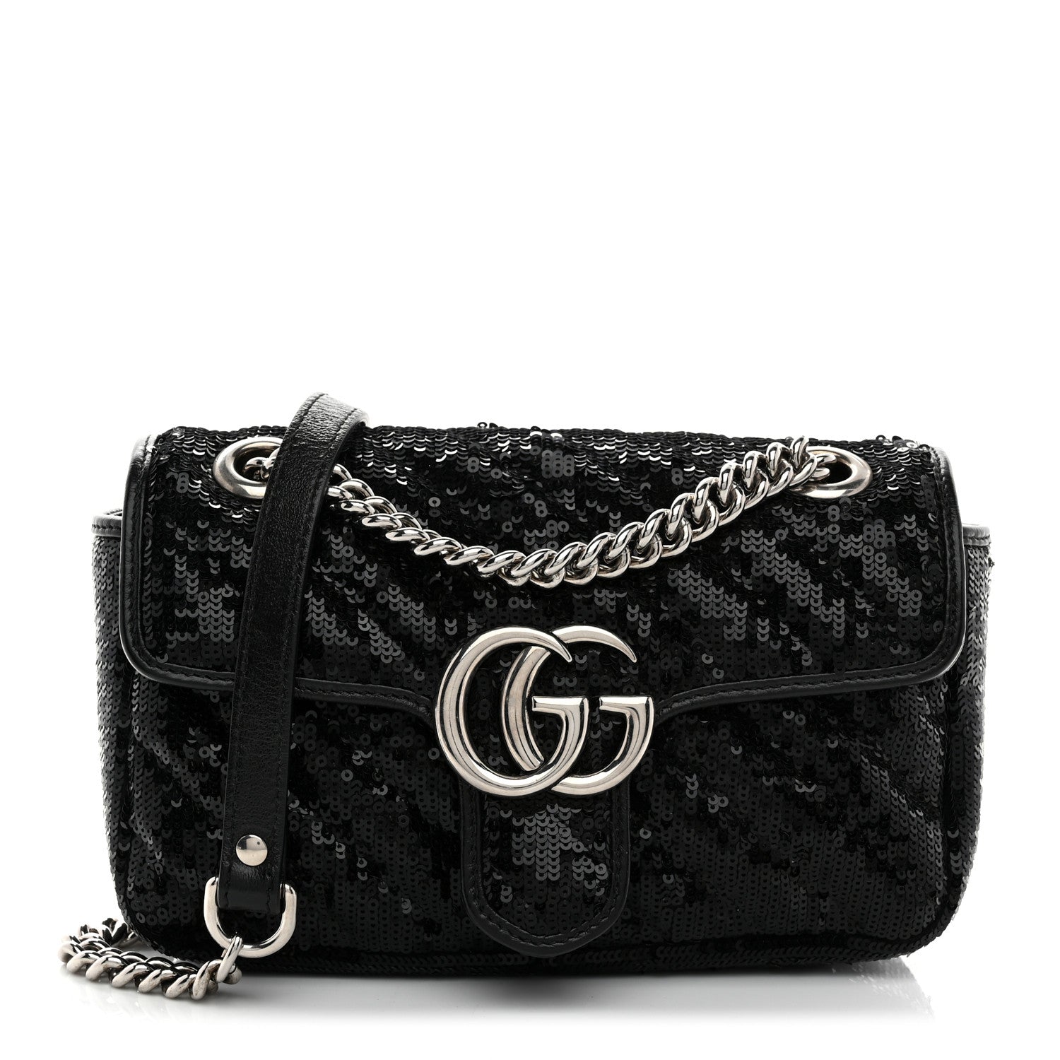 Gucci Sequin Matelasse Diagonal Mini GG Marmont Shoulder Bag Black 1 of 10