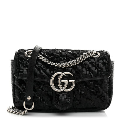 Gucci Sequin Matelasse Diagonal Mini GG Marmont Shoulder Bag Black 1 of 10