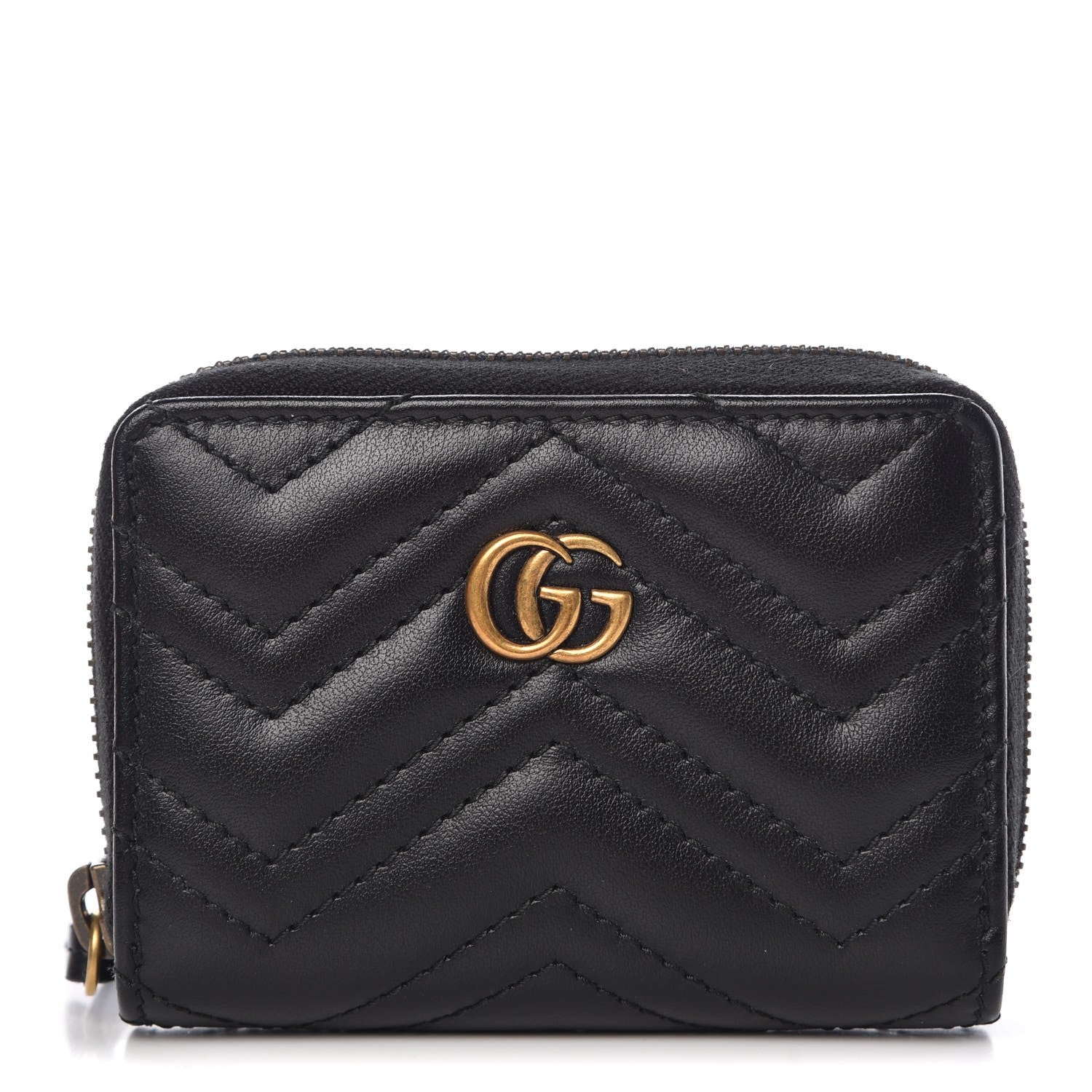Gucci Calfskin Matelasse GG Marmont Zip Around Card Case Black 1 of 8