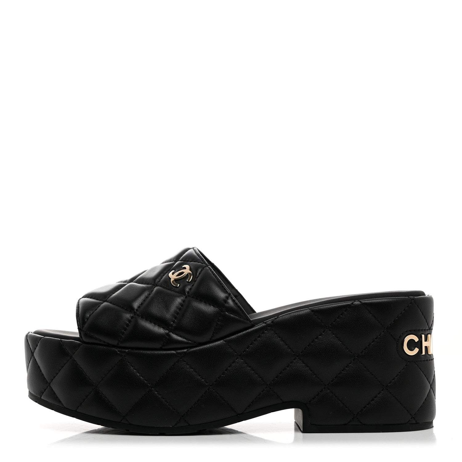 Chanel Lambskin Quilted CC Mules Wedge Sandals 39 Black 1 of 9