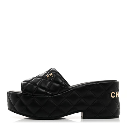 Chanel Lambskin Quilted CC Mules Wedge Sandals 39 Black 1 of 9