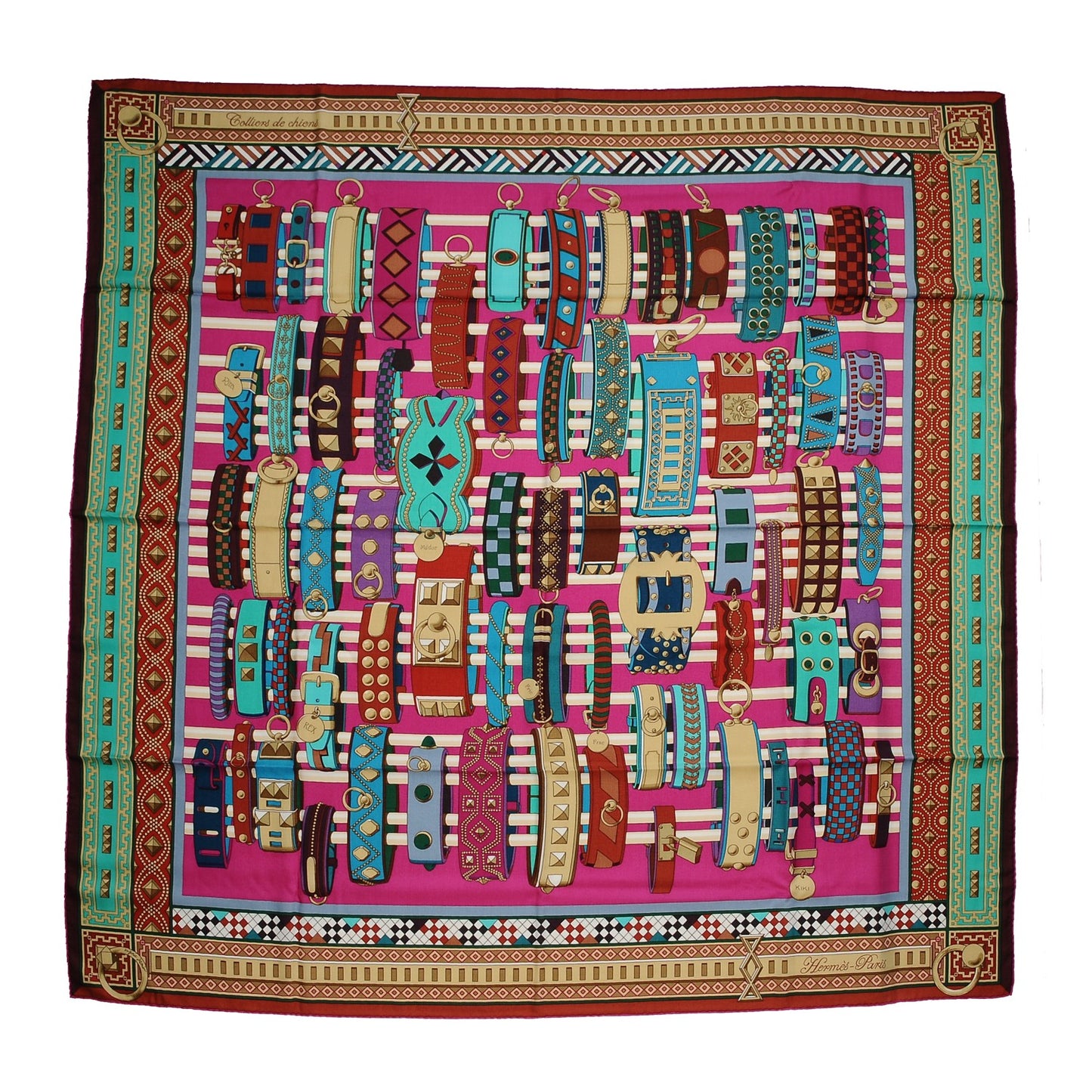 Cashmere Silk Colliers de Chiens Shawl 140 Fuchsia Turquoise Grenat