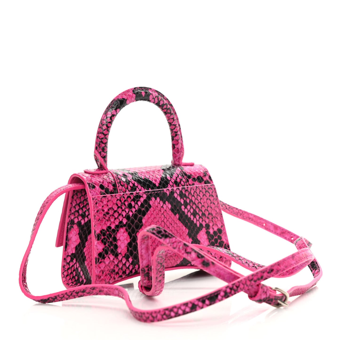 Shiny Calfskin Python Effect Hourglass Top Handle Bag Mini Fuchsia Black