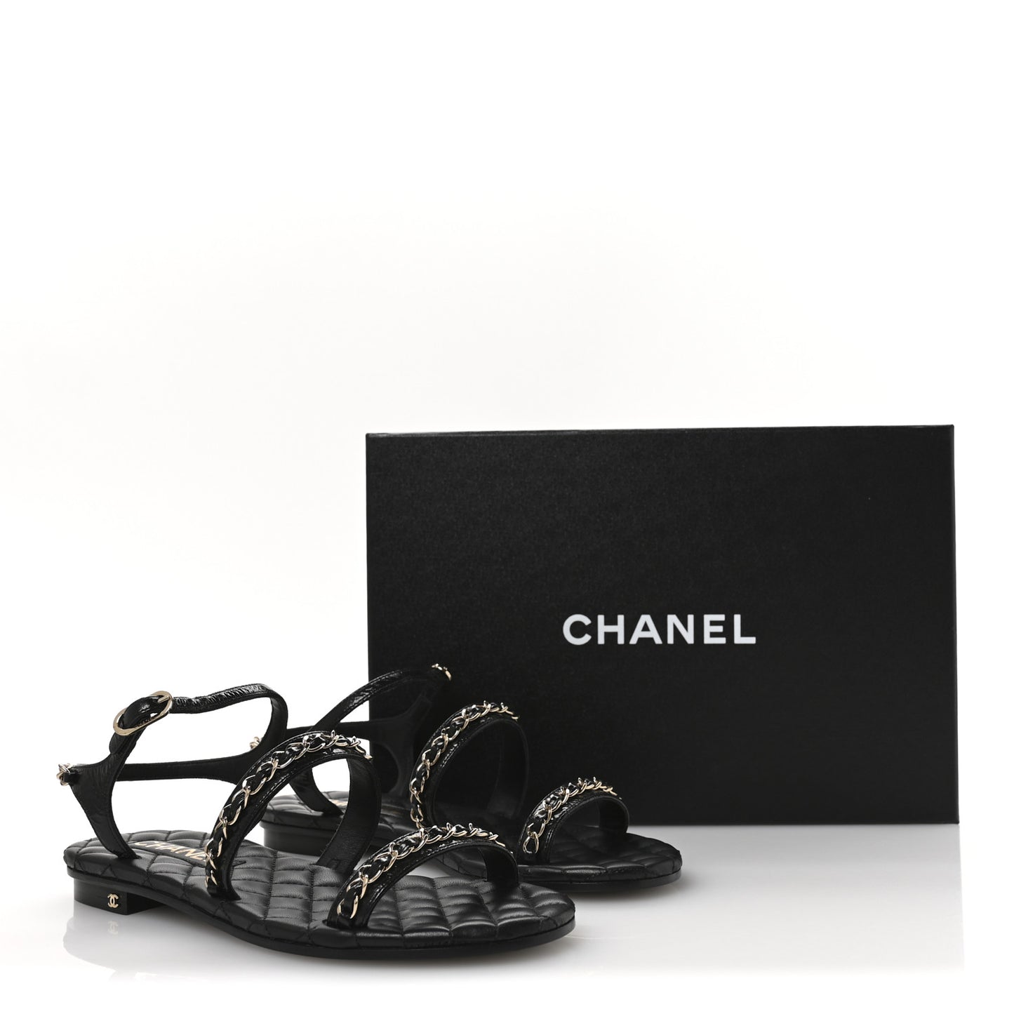 Crumpled Calfskin Chain Sandals 36 Black