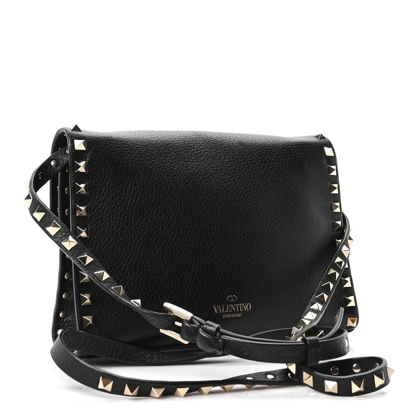Pebbled Calfskin Medium Rockstud Flip Lock Crossbody Bag Black
