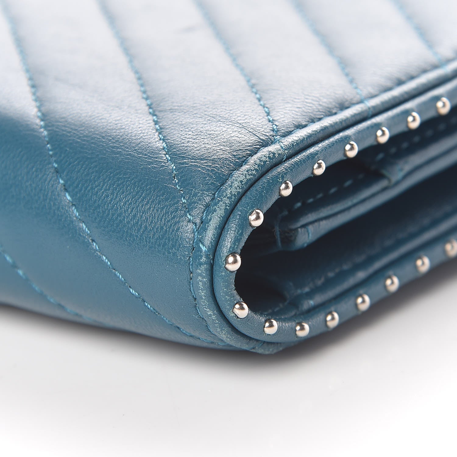 Chanel Lambskin Chevron Quilted Studded Wallet On Chain WOC Blue 13 of 17