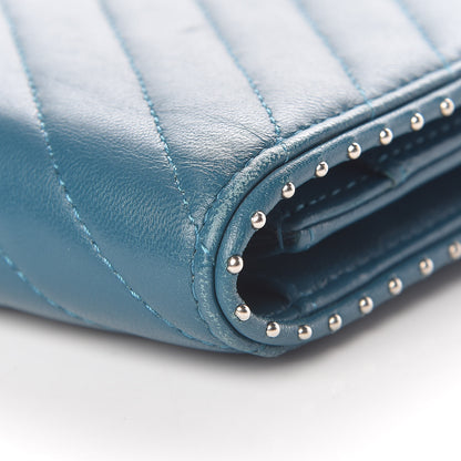 Chanel Lambskin Chevron Quilted Studded Wallet On Chain WOC Blue 13 of 17