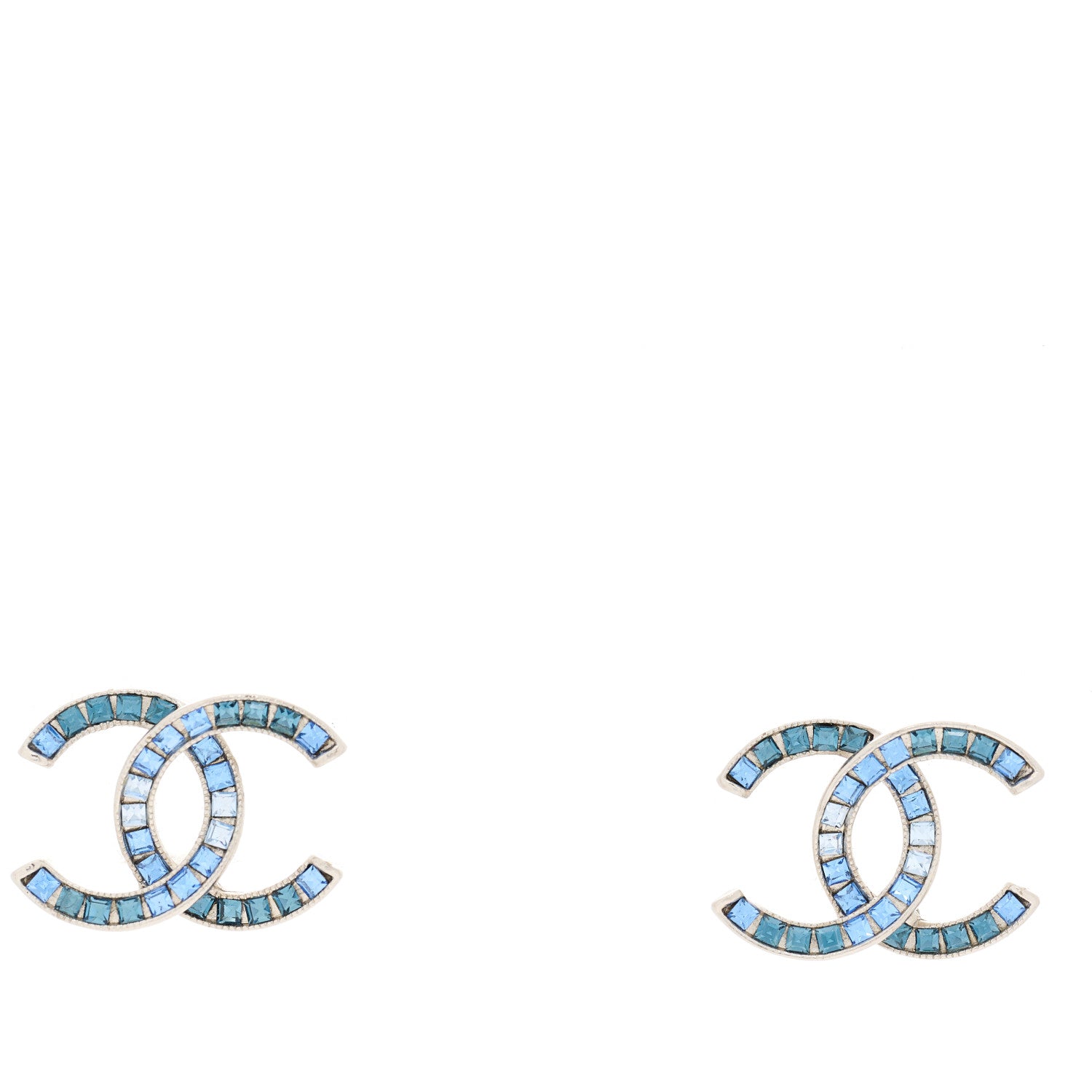 Chanel Baguette Crystal CC Earrings Silver Blue 1 of 3
